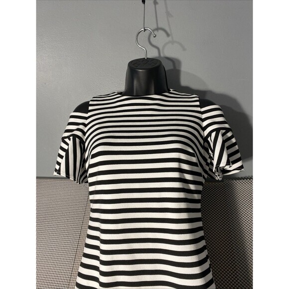 Calvin‎ Klein Dress Cold Shoulder Stripped Mini Capped Flowy Sleeves Zipper Back - Picture 4 of 9